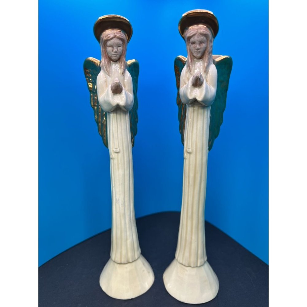 Scioto Ceramic Tall Angels Candle Holder Flowers Incense 9" Set of 2 Gold Wings